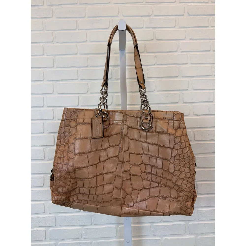 Coach Ashley Croc-Embossed Leather Carryall Tote Tan Silver Chain